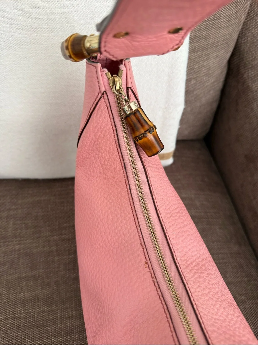 Authentic Gucci pink leather hobo bag bamboo accents shoulder bag